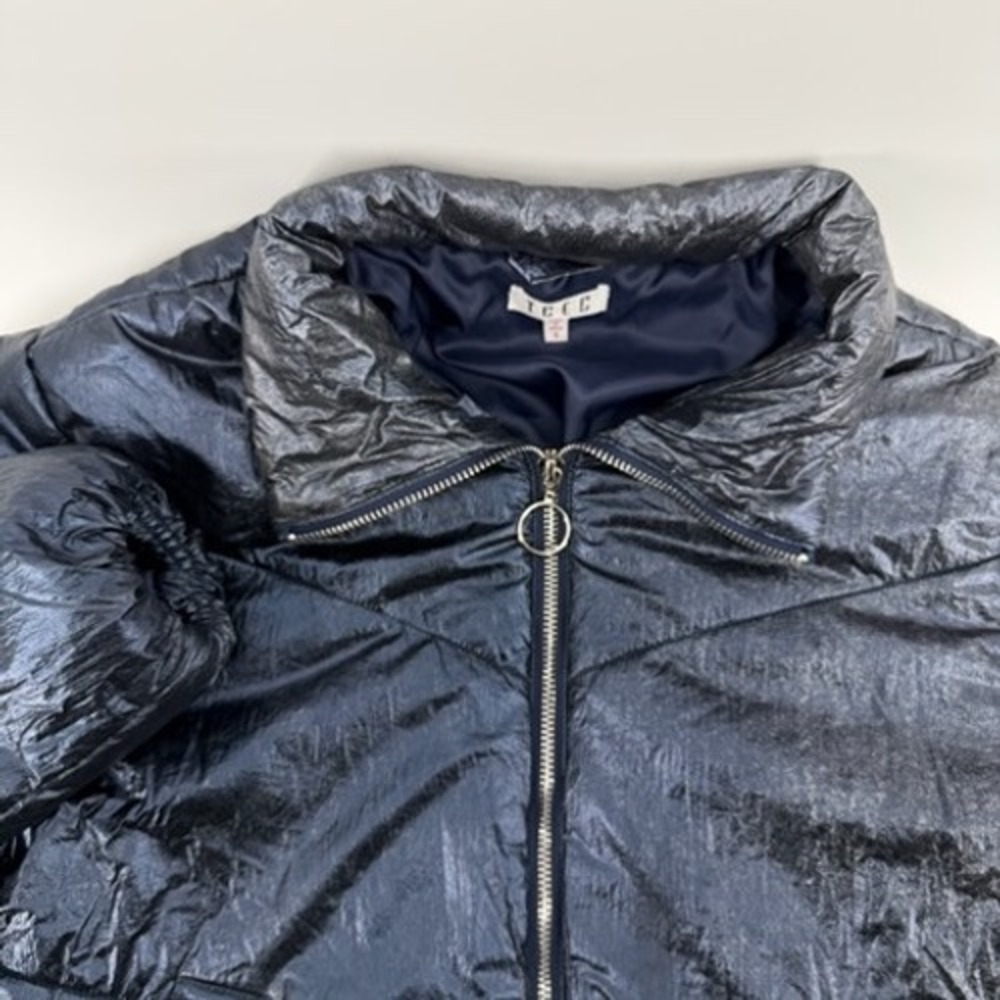 TCEC Womens Shiny Black Puffer Jacket Full Zip Collar Warm Size S *SPOT ON BACK